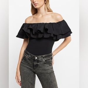 NWT EXPRESS Black Off Shoulder Ruffle Thong Bodysuit Size Large